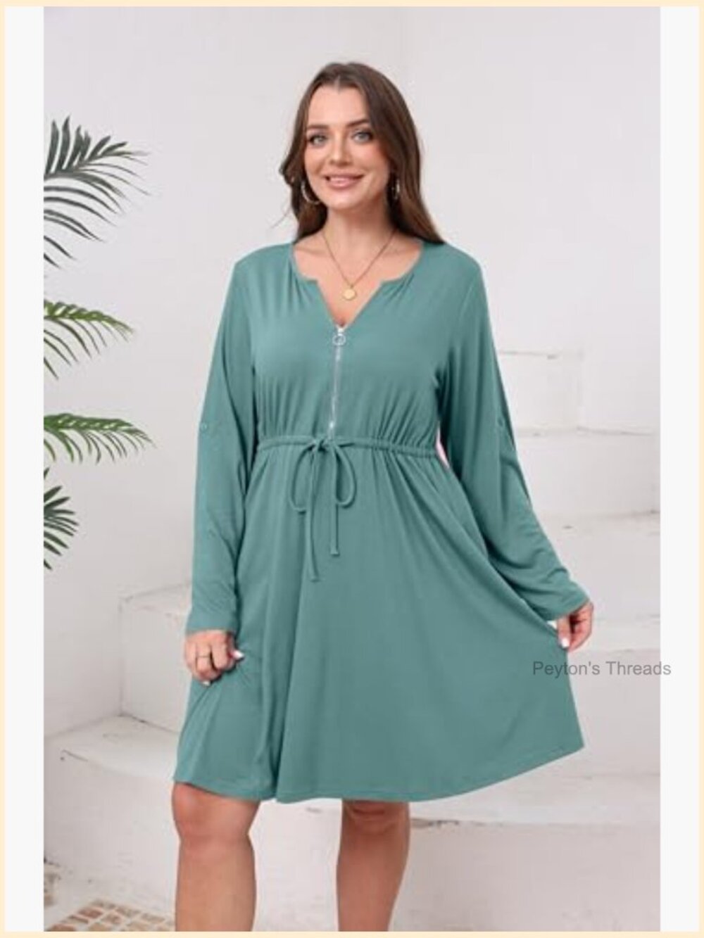 Plus Size Casual Roll Up 3/4 Sleeve V Neck Zipper Tie Waist Flowy Dress with - Picture 2 of 7